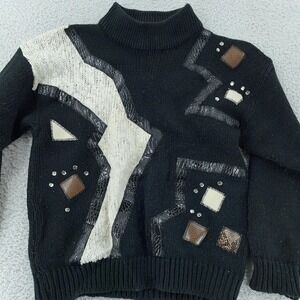 Vintage Spice of Life Sweater Womens Medium Black Turtleneck Abstract Design 80s
